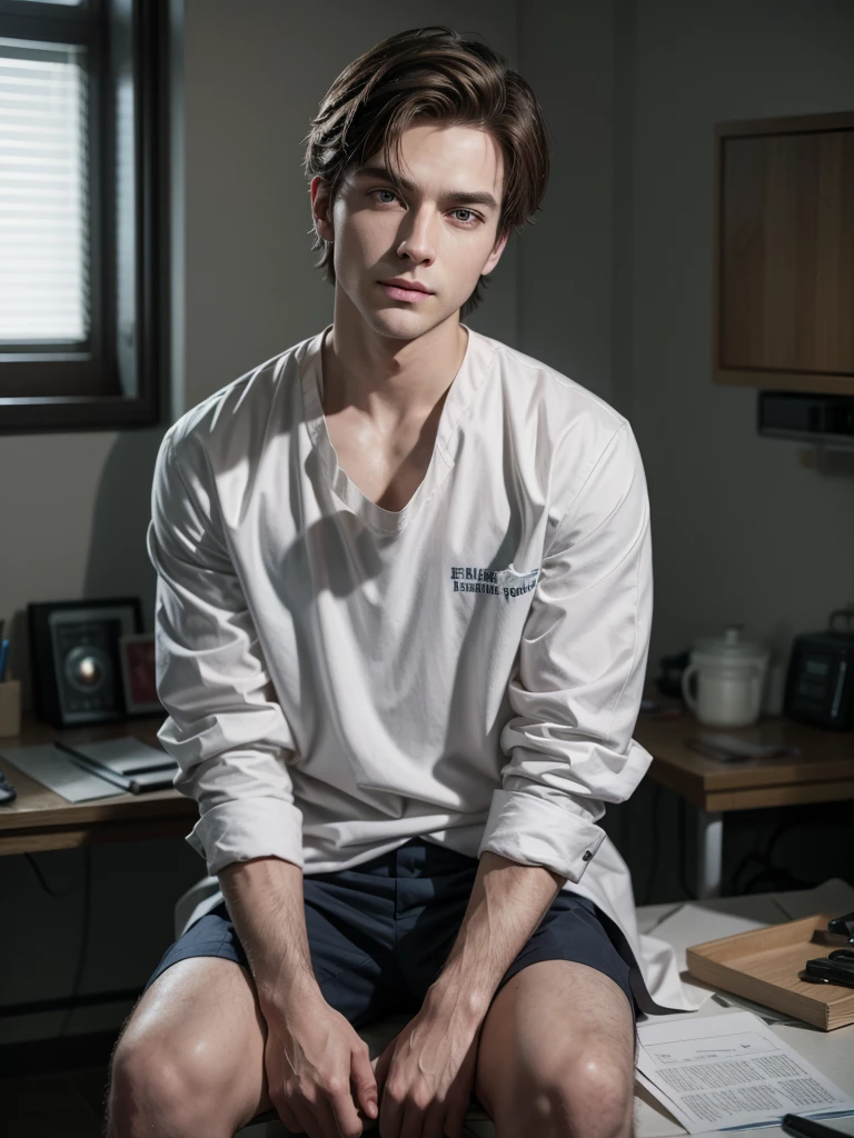 Faithfully creates Ryle who is a character from the book This is How It Ends, de Colleen Hoover. He is a confident neurosurgeon, stubborn and arrogant, but also sensitive and brilliant, a little muscular, rico, handsome brown eyedmasterpiece, high resolution, best qualityer, detail, details altos, super detaill, ultra HD, chestnut hair, shorth hair, full body imageGeneral shot,