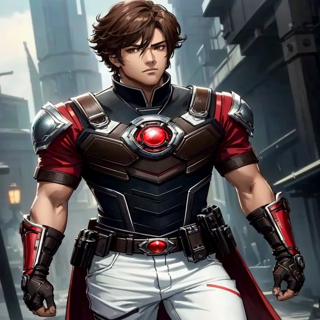 A late-adolescent prince with medium-length brown hair, brown eyes, Caucasian, muscular build, bare biceps, red and black shirt, futuristic silver cuirass, white pants, red and black boots, fingerless gloves, masterpiece, best quality, (extremely detailed CG unity 8k wallpaper), (best quality), (best illustration), (best shadow), absurdres, realistic lighting, (Abyss), beautiful detailed glow, official fanart, as an anime character, commission for high res, male anime character, official character art
 a close up of a person in a costume with a sword, fan art, 3 d render character art 8 k, inspired by Raymond Han, range murata and artgerm, cg artist, high fantasy kamen rider, maxwell render, amazing 8k character concept art, highly detailed exquisite fanart, kamen rider character, cg art, jett from valorant