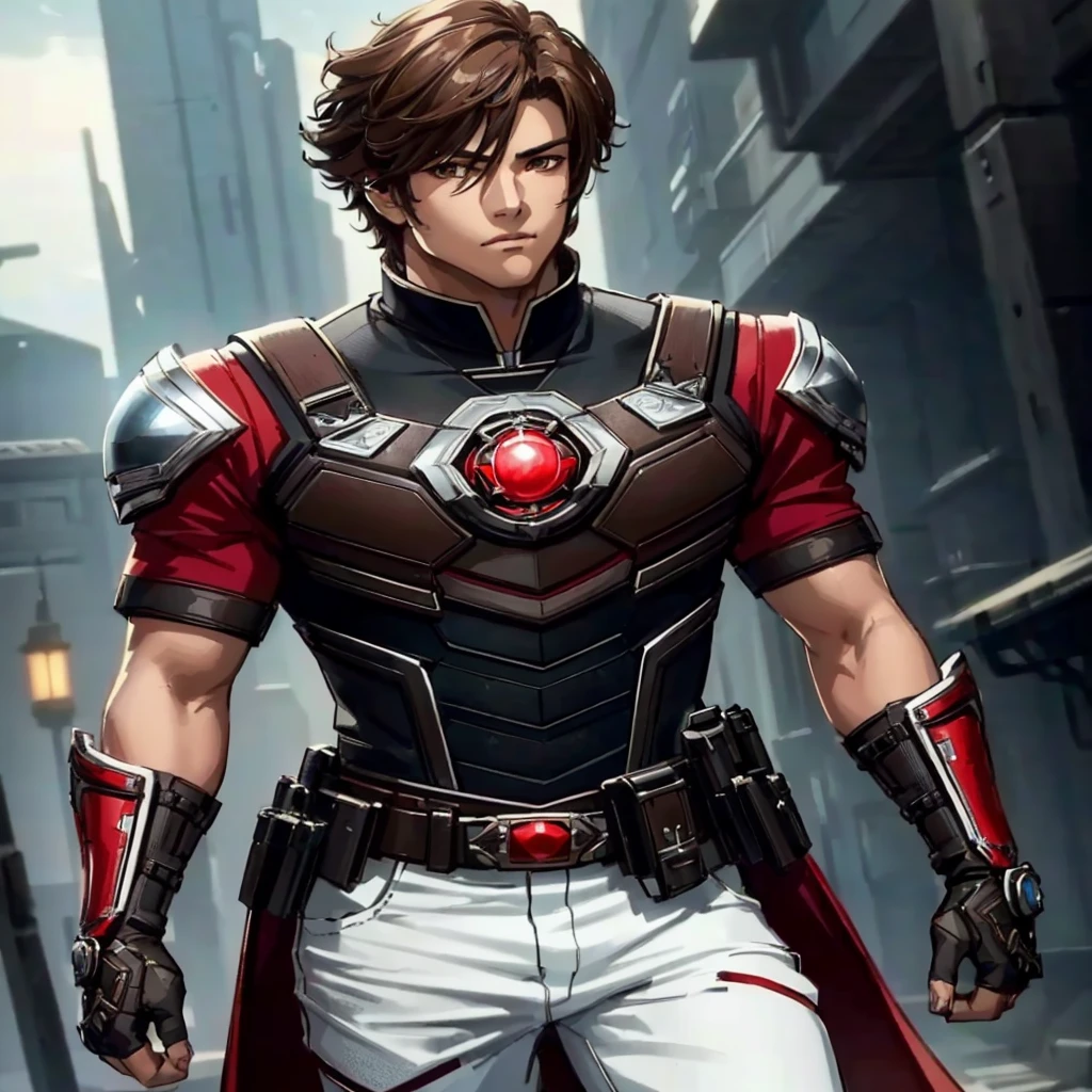 A late-adolescent prince with medium-length brown hair, brown eyes, Caucasian, muscular build, bare biceps, red and black shirt, futuristic silver cuirass, white pants, red and black boots, fingerless gloves, masterpiece, best quality, (extremely detailed CG unity 8k wallpaper), (best quality), (best illustration), (best shadow), absurdres, realistic lighting, (Abyss), beautiful detailed glow, official fanart, as an anime character, commission for high res, male anime character, official character art
a close up of a person in a costume with a sword, fan art, 3 d render character art 8 k, inspired by Raymond Han, range murata and artgerm, cg artist, high fantasy kamen rider, maxwell render, amazing 8k character concept art, highly detailed exquisite fanart, kamen rider character, cg art, jett from valorant