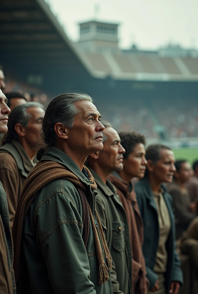 Le public des survivants :Dépeint une foule de survivants rassemblée dans les gradins délabrés du stade. Ils sont un mélange de personnes de tous âges, portant des vêtements usés. Malgré la misère ambiante, leurs visages sont illuminés par l’espoir, fixés sur le match qui se déroule devant eux. Les zombies sont visibles à distance, mais pour le moment, l’attention est entièrement sur le terrain.