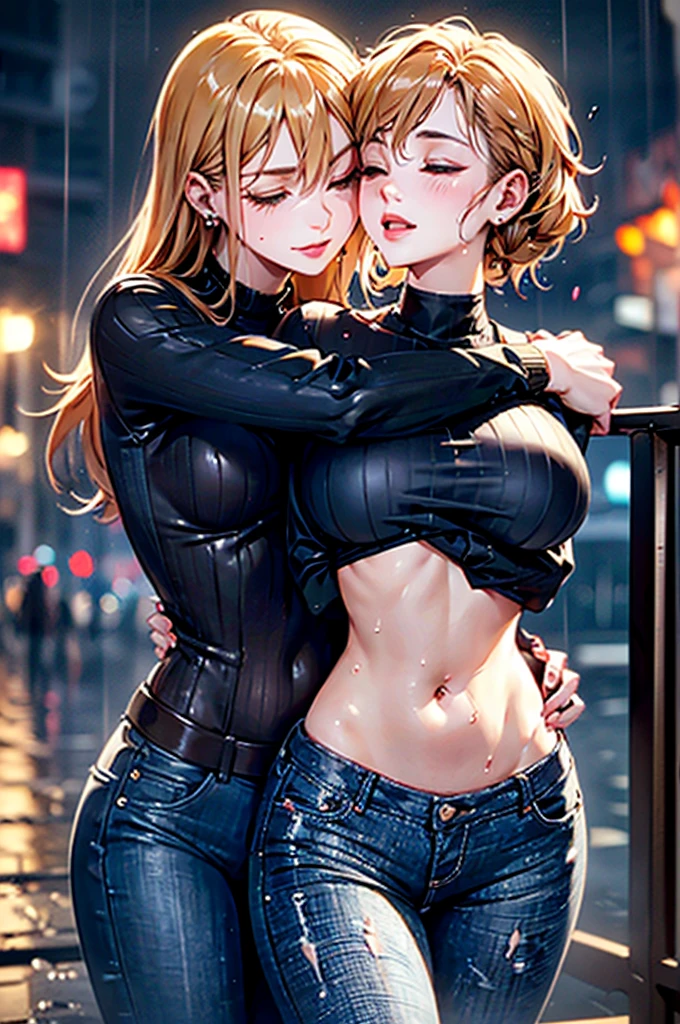 (RAW photo, best quality), Two cutes girl with short red straight hair and short blond hair, ((soaking wet hair)), (((passionate kissing))), kiss, (((eyes closed))), (((closed eyes))), erotic, (((one girl is touching the other))), ((intimate)), (city street in rain at night background), low light , dark eyeliner, blissfull smile, gorgeous face , super cute, 1 , young looking, hyper detailed face, dark eyeliner, (medium breast), (((thin waist, slender frame, narrow hips, skinny body))), ((wet clothes)), soakingwetclothes, wet low rise unbuttoned jeans, wet white colored open blouse, (both hands in hair), (head tilted back), (navel piercing)