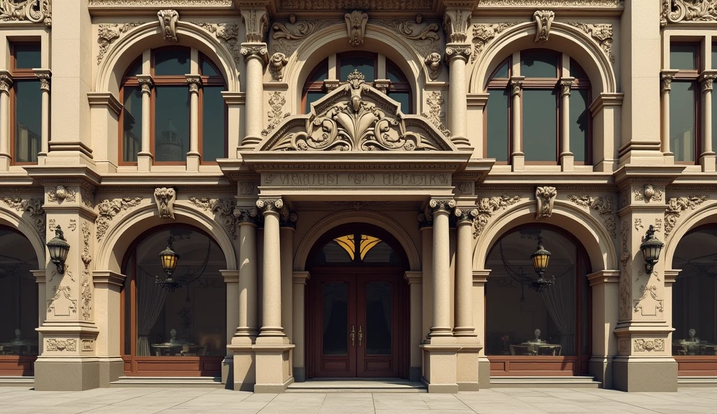 generate a old building with name on top writen “arnhold and s bleichroeder” on the board front view without sky 