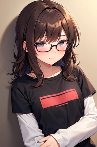 1boy 16 year old femboy, girl shirt, drak brown hair, jean , glasses, shy, blushing, small breasts