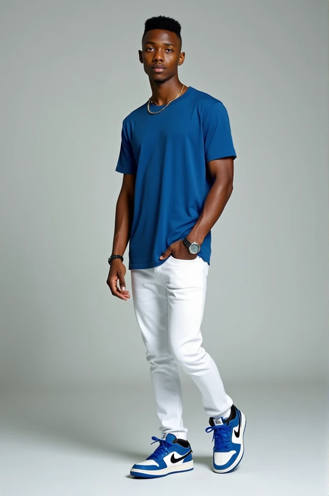 Un ado noir avec une coiffure rasé sur les côtés comme un dégradé bien tracé p.he wears a Rolex watch, a blue bic t-shirt, white jeans and blue and white air force one shoes
