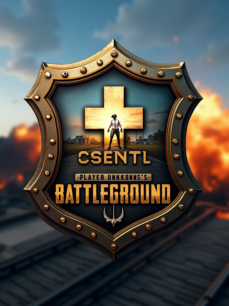 faça um logotipo inspirado no jogo PLAYER UNKNOWN BATTLEGROUND, make a landscape of the ERANGEL map, and in the foreground there was a Swiss shield, in the middle, on the first line, letters, "CSENT" In gold, on the second line "w" em black piano, on the third line "BATTLEGROUND" em black piano, and put the edges of the shield with golden details.