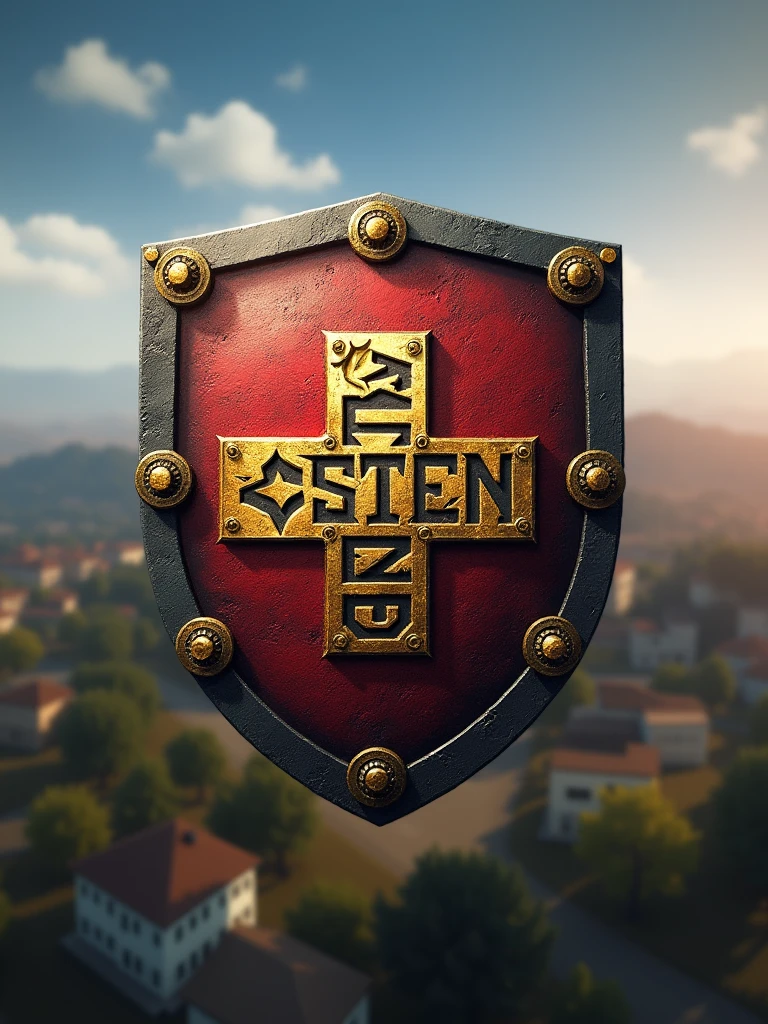 faça um logotipo inspirado no jogo PLAYER UNKNOWN BATTLEGROUND, make a landscape of the ERANGEL map, and in the foreground there was a Swiss shield, in the middle, on the first line, letters, "CSENT" In gold, on the second line "w" em black piano, on the third line "BATTLEGROUND" em black piano, and put the edges of the shield with golden details.