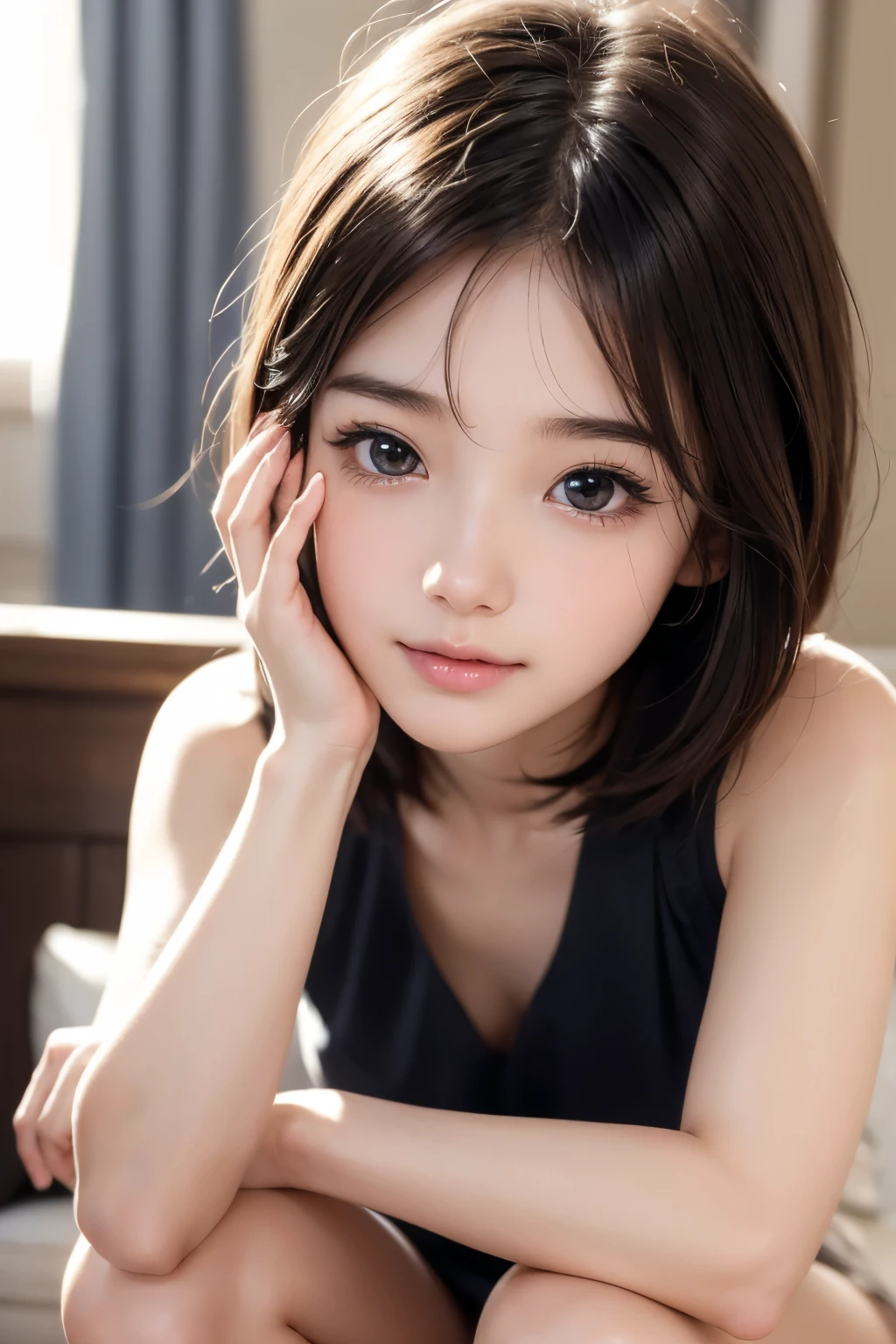 (cry)、Cute Girl、Highly detailed face、Attention to detail、double eyelid、Beautiful thin nose、Sharp focus:1.2、beauty:1.4、(short hair)、Pure white skin、Highest quality、masterpiece、Ultra-high resolution、(Realistic:1.4)、Highly detailed and professional lighting、blush、(((squat)))、Slightly shiny skin、Small breasts、Pleated skirt
