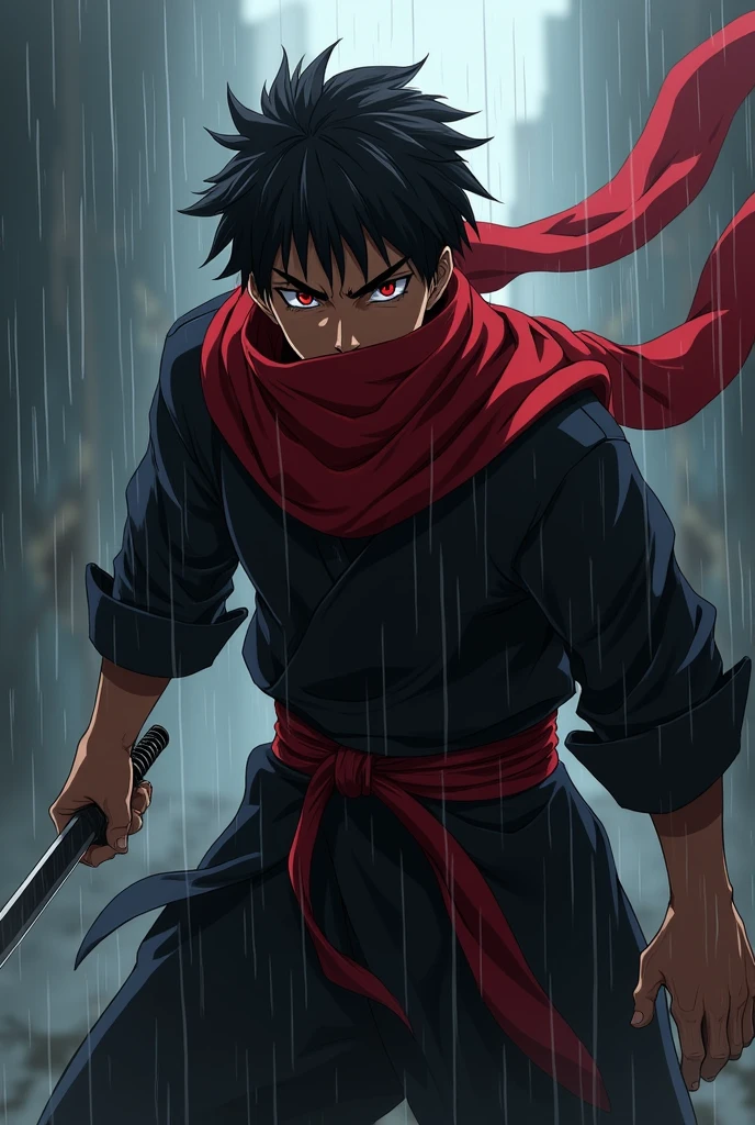 anime character:
A man with brown skin, Bblack hair, Eyes red, short beard.
ninja look with hood, black color with a long red scarf hiding her mouth and nose.
a knife in his hand in attack position rainy weather.