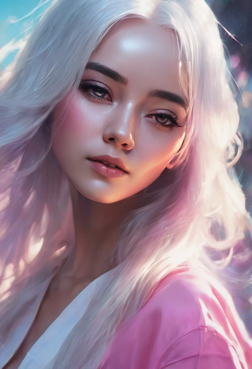 A close-up of a woman with long white hair and a pink shirt, a digital painting inspired by Ross Tran, art station, Digital art, Perfect white hair girl, Girl with white hair, guweiz style artwork, rossdraws 1. 0, 🤤 portrait of a woman Ross draws a portrait, rossdraws digital painting, ig model | artegerm