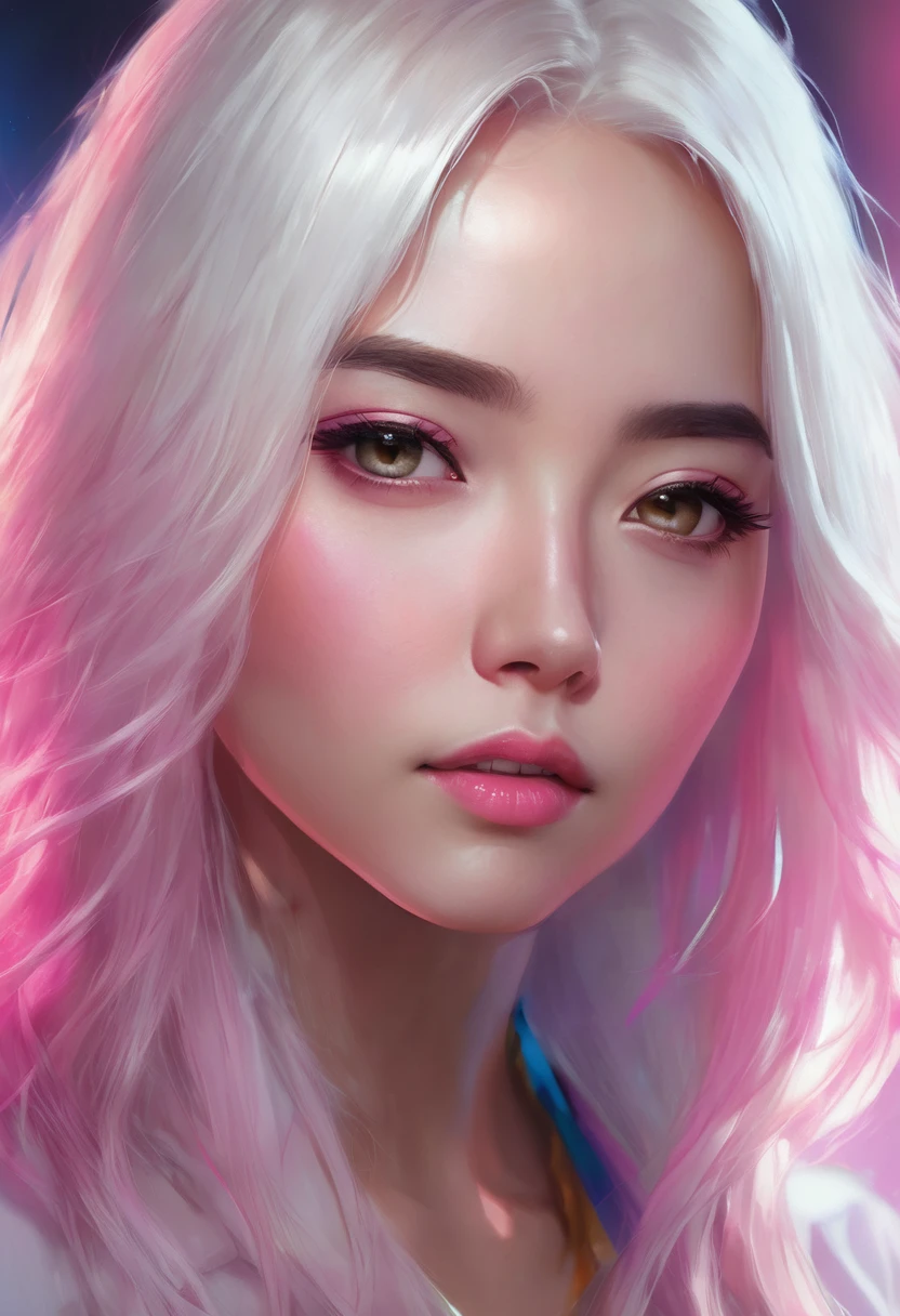 A close-up of a woman with long white hair and a pink shirt, a digital painting inspired by Ross Tran, art station, Digital art, Perfect white hair girl, Girl with white hair, guweiz style artwork, rossdraws 1. 0, 🤤 portrait of a woman Ross draws a portrait, rossdraws digital painting, ig model | artegerm