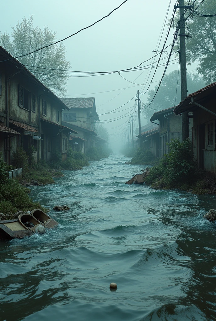 Massive Flood**: The village streets submerged under water, with debris floating around.