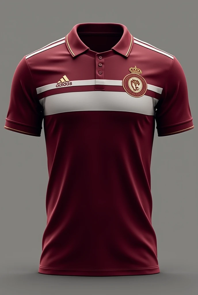 Create a dark maroon soccer jersey with white stripes and gold details. The collar of the shirt should be a shirt collar. Shows views of all sides of the shirt