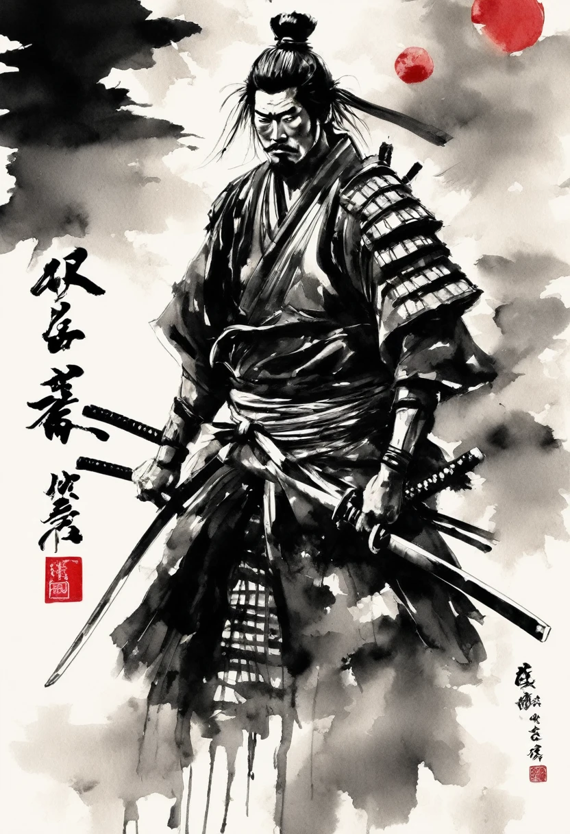 Samurai and kosode as well,blackw,draw in blackw on a white background,ink painting,Draw with ink,Shades of blackw unique to sumi-e,A shading technique unique to sumi-e,he has someone important to protect,yo'I am about to face a life-threatening battle.,Expresses strong determination and will,A straight and beautiful sword:traditional craftsmanship:work of art:Made in Japan,metallic luster,work of art,great,marvelous,movie poster,professional works,最高work of art,high resolution,handsome guy,History and traditions