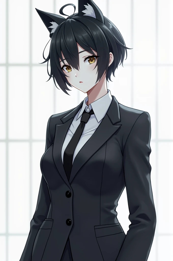 Generate a girl but she is tomboy and corporate uniform and white face with short hair and wolf haircut anime