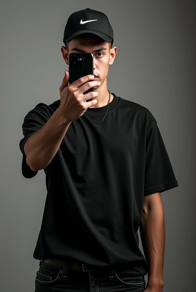 Realistic photo of a young man taking a selfie with a cell phone, nike logo curved brim cap, black loose shirt, shaven hair, black jeans. The cell phone covering his face.