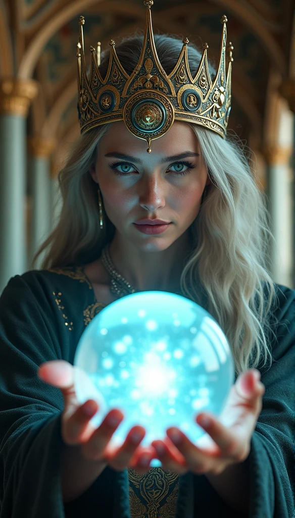 norse goddess,Looking forward close-up wearing a crown, Holding a magic crystal ball, Casting a Spell, best quality, 4K resolution, Flawless face, in a luxurious palace, Superrealisticart)