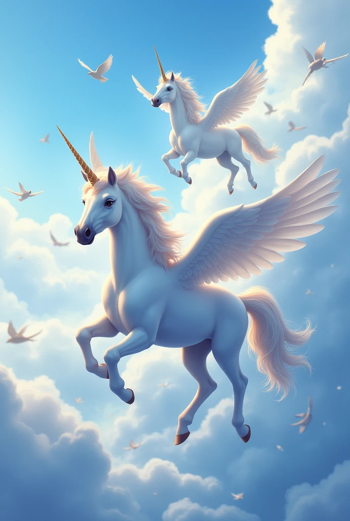 Unicorns with wings flying in the clouds with little birds