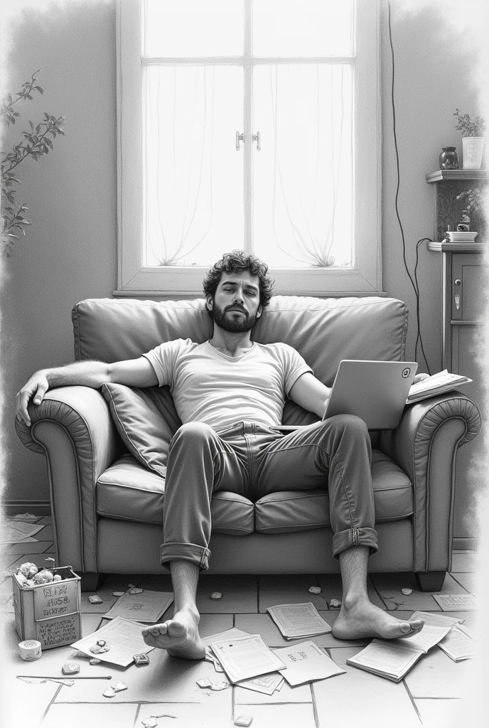 Pencil drawing of a man wasting time because of laziness
