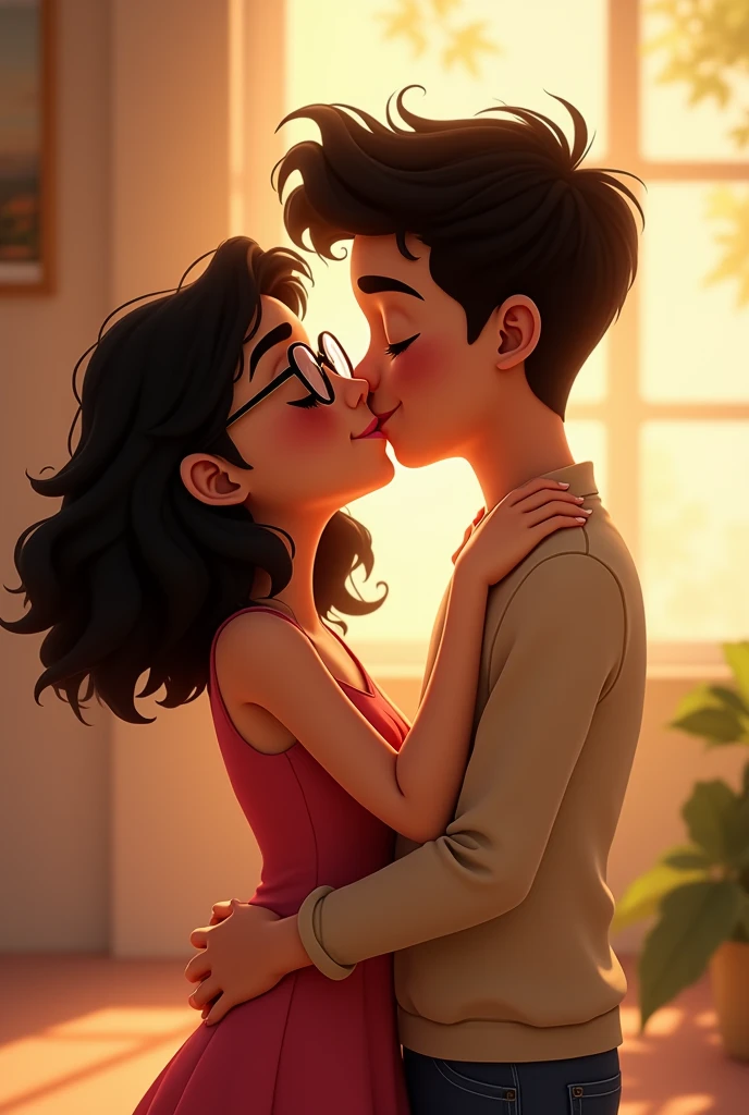 Make a Pixar cartoon style image where there is a white skinned person, Venezuelan woman with curly black hair down to her shoulders who wears glasses hugging and kissing on the mouth with her eyes closed a curly man with brown hair and white skin, and they are both agers, they both have white skin