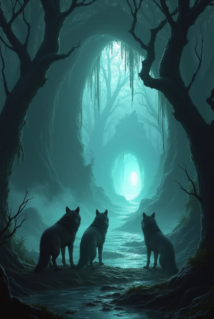 create an image of a cave in a swamp, guarded and protected by wolves where there is a portal at the bottom of the cave
