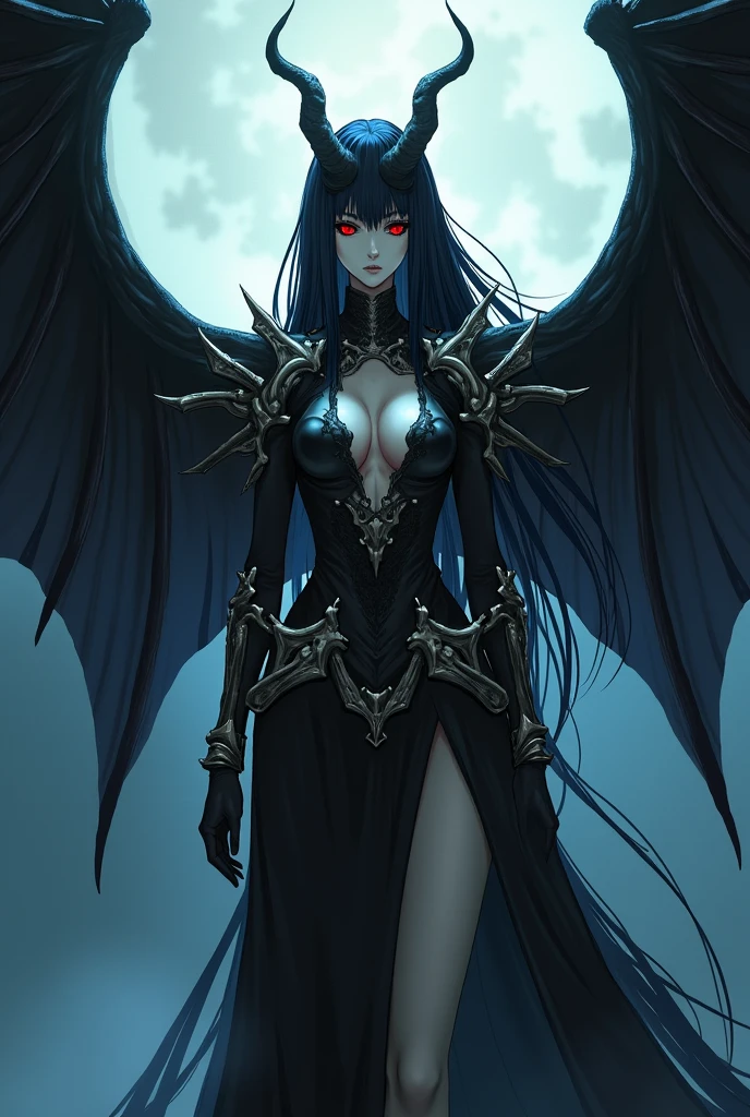 tall woman, slender, pale skin reflecting the moonlight. Long black hair with a blue tint, Falling down to the waist, and deep red eyes with vertical pupils. His armor is made of bones and horns, exuding a threatening aura. Large membranous wings, similar to those of a bat. Berserk anime version from 1997.