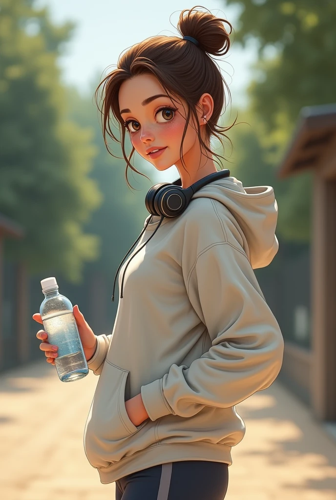A girl stands after jogging, holding a water bottle in one hand. She wears a hoodie and sneakers, her hair pulled up into a messy bun. Headphones rest around her neck, and she has a refreshed, content expression on her face. Her casual, athletic outfit and the slight sheen of sweat suggest a successful workout.