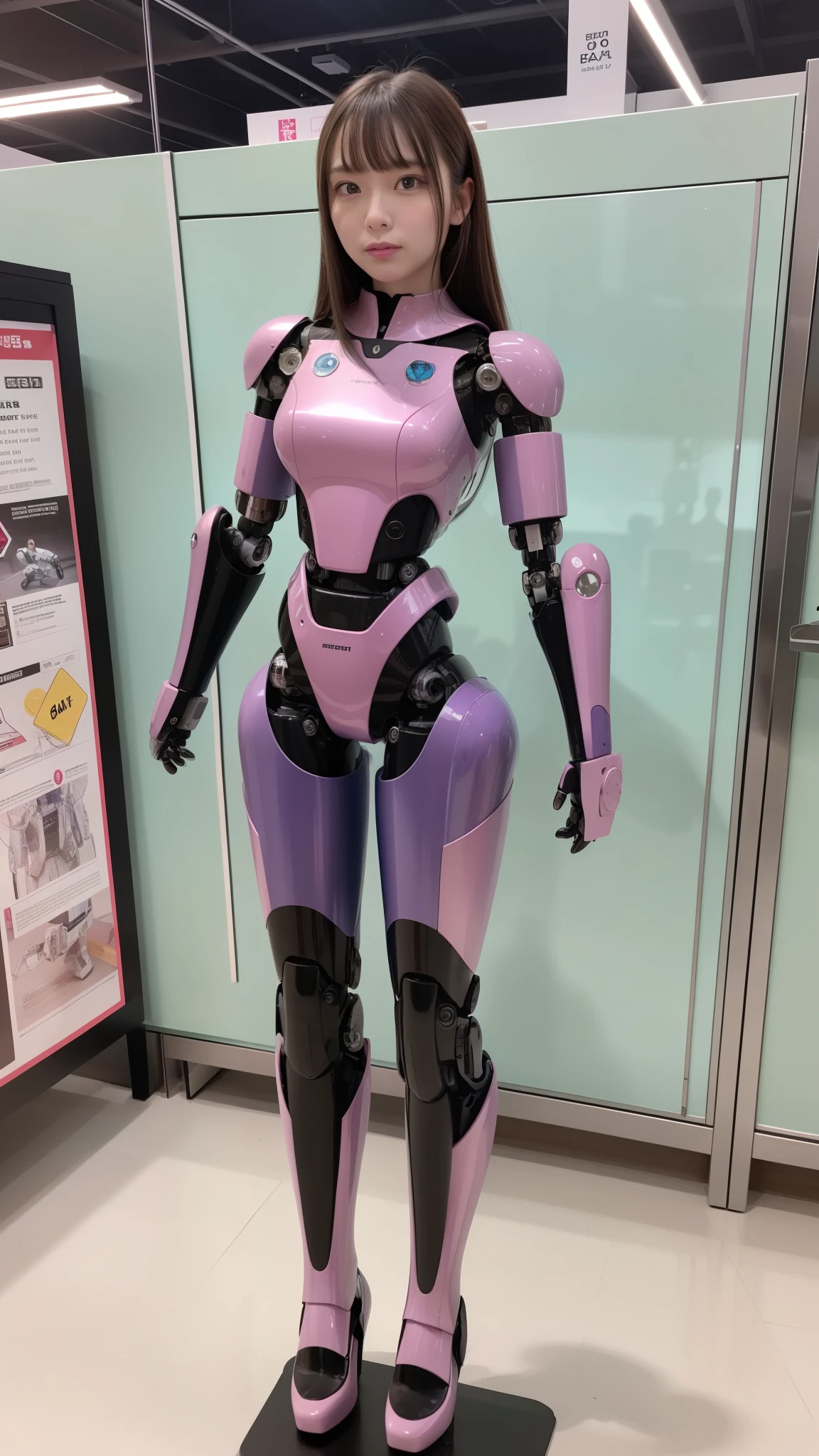 Robot Girl, pink there, Silver, Metallic body, Robot Parts, Metal Parts, Super Detailed Face, Super well-formed face, of the highest quality, a small face, small head, Brown hair, Slender body, Camera gaze, Internal Mechanical Exposure, Idol, front facing, Well-proportioned body, sale, Exhibited, Event Hall, Moe Pose, job interview suit machine armor, Standing with legs open, Model body type, sad, Embarrassing,(Perfect Robot Girl),(Perfect machine body)