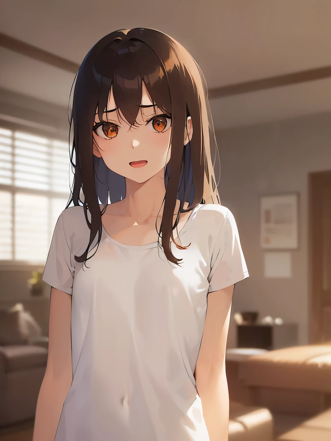 thin arms、emaciated, (scrawny:1.3), (small:1.5) and (breasts)、Upper Body, Highest quality、masterpiece、(A 25-year-old woman with medium-length hair and bangs) and (wavy hair) and (brown hair) and (orange eyes) , Wearing a white T-shirt 、smile, open mouth, The background is the living room、Alone、Are standing、