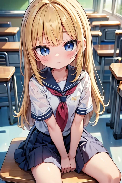 One person!!、Baby Face、((Young))、(Child)、human、Height 100 cm、Long Hair、Blonde!、With bangs、small、((1st grade elementary school students))、Big eyes、barefoot、black eye、cute、Are thin、身長のsmall、体のsmall、Short legs、Short sleeve、School uniforms、Summer clothes、classroom、Get closer to the camera、Sit on a chair、Sweaty