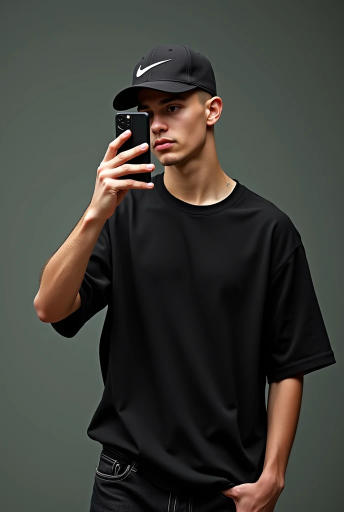 Realistic photo of a young man taking a selfie with a cell phone, nike logo curved brim cap, black loose shirt, shaven hair, black jeans. The cell phone covering his face.