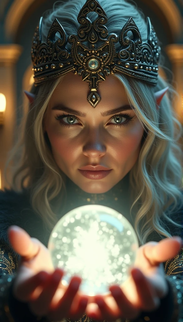 norse goddess,Looking forward close-up wearing a crown, Holding a magic crystal ball, Casting a Spell, best quality, 4K resolution, Flawless face, in a luxurious palace, Superrealisticart)