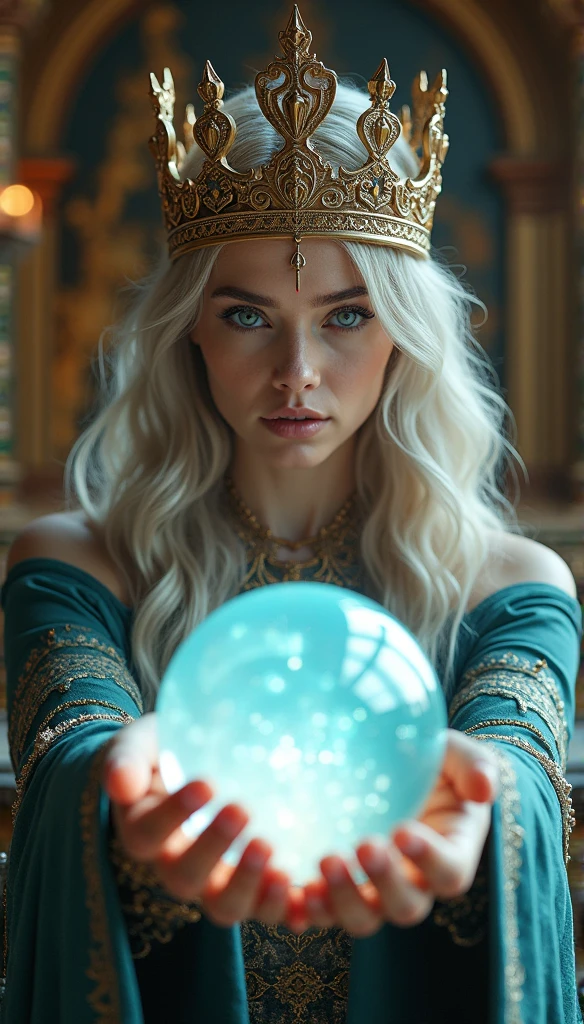 norse goddess,Looking forward close-up wearing a crown, Holding a magic crystal ball, Casting a Spell, best quality, 4K resolution, Flawless face, in a luxurious palace, Superrealisticart)