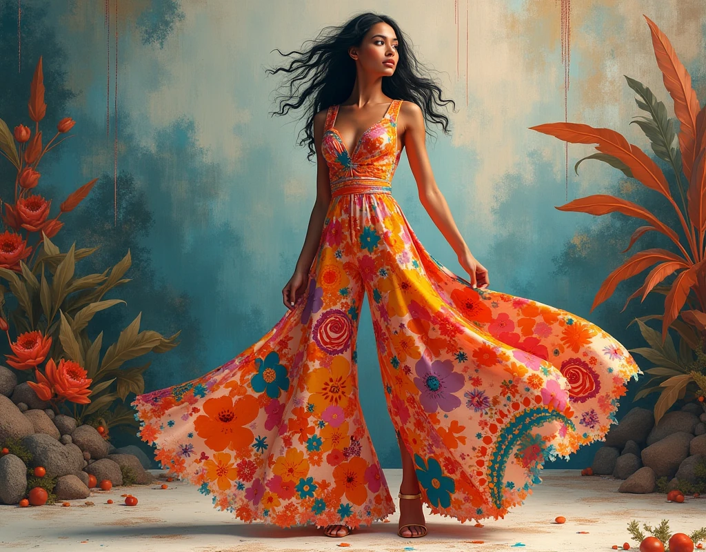 Abstract Expressionist Floral Flare Jumpsuit: Abstract patterns, bold colors, flowing fabric, bohemian style, expressive brushstrokes