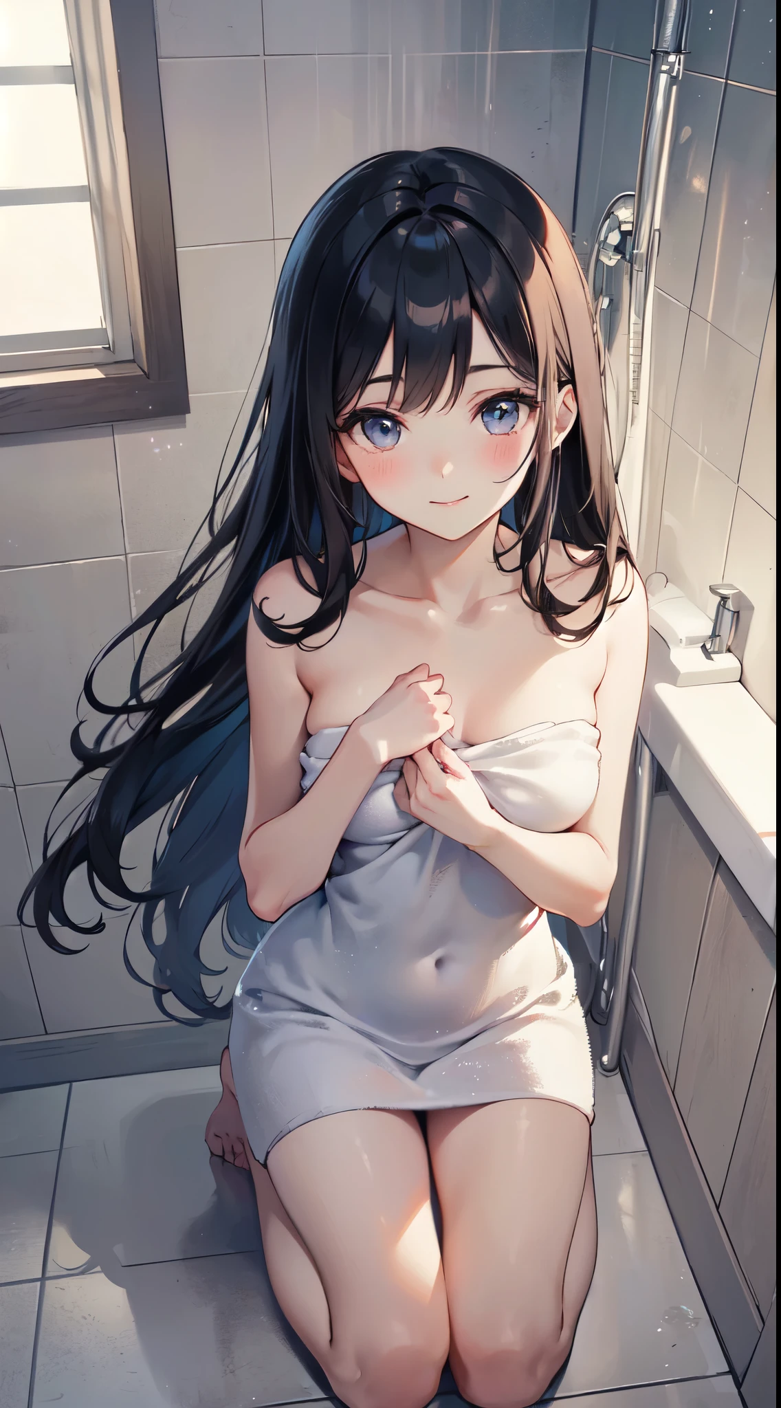 ((Masterpiece)), (((highest quality)))), ((Ultra detail)), (Ultra realistic), (Highly detailed CG illustrations), (Very delicate and beautiful), (A beautiful girl is kneeling down in a shower room), (near a bathtub), (with a bath towel wrapped around her nude breasts), (white large towel tied on her breasts), (1girl), (solo), (slim and slender), (small breasts), (She is looking up with an attractive face), light smile, light blush, long black hair, beautiful hair