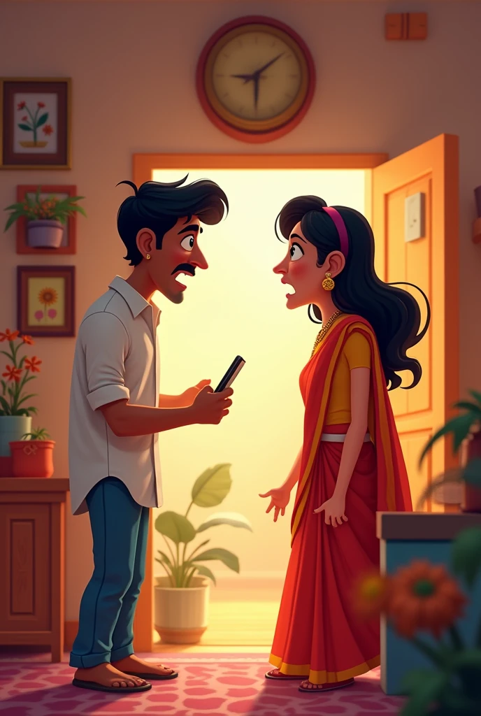 Indian House fight husband with phone cartoon