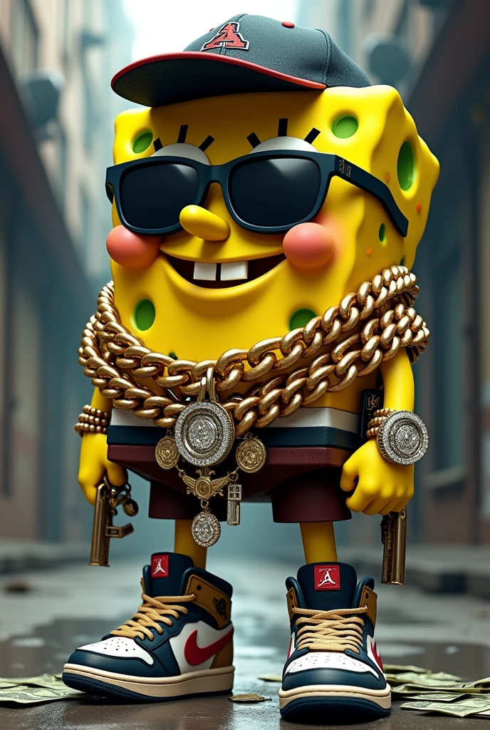 Spongebob Squarepants with grills, sunglasses, backward fitted cap, chains, cash, gun strapped, diamond watch, jordans. make sure chains go around him