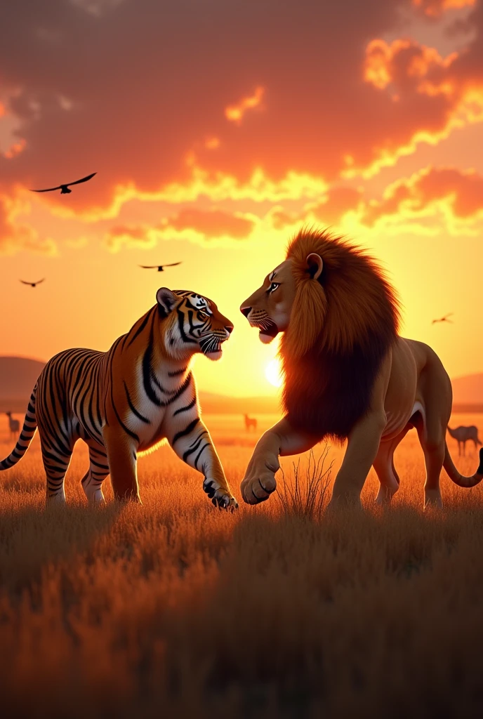 Tiger and lion with sunset
