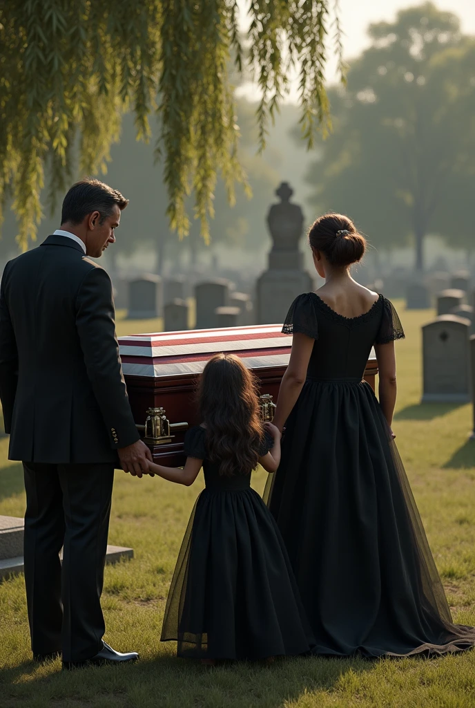 Photorealism father is carried to the grave wife and daughter mourn