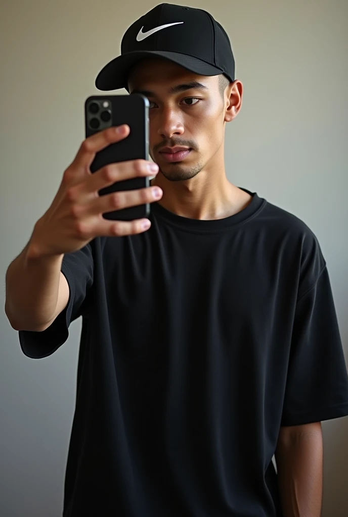 Realistic photo of a young man taking a selfie with a cell phone, nike logo curved brim cap, black loose shirt, shaven hair, black jeans. The cell phone covering his face.
