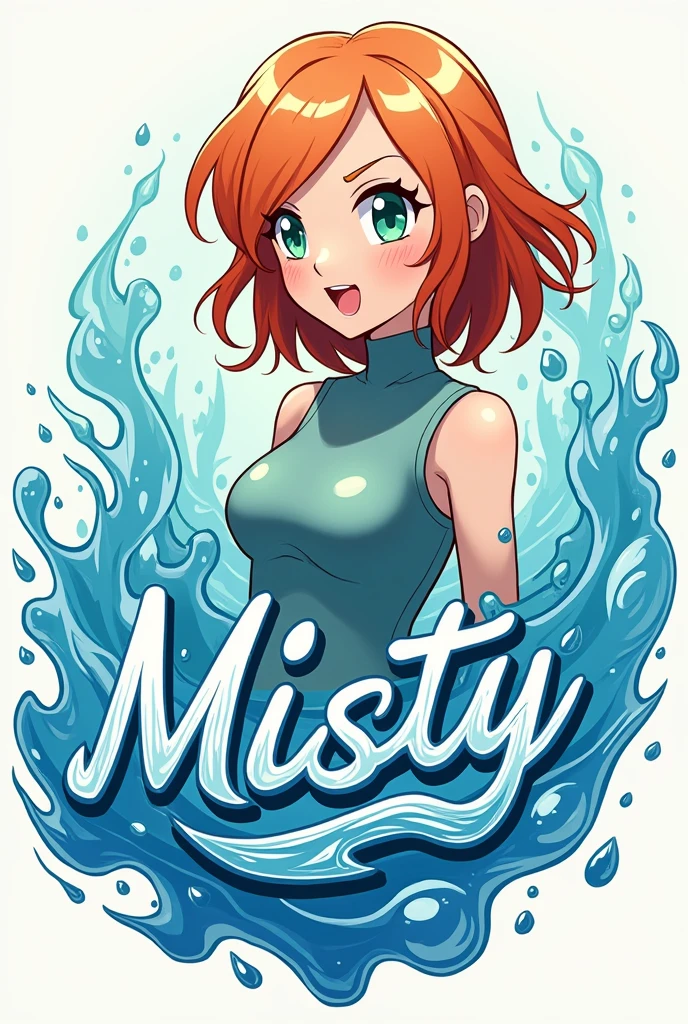 water ! Cute cursive logo design, correct spelling, sharp focus, vivid colors, pop, modern, sophisticated and eccentric, full of vitality, Dynamic, minimalist, high quality, detailed,female pokemon character ,misty (orange hair,green eyes, side collection)  (Best Quality,4k,8k,High resolution,masterpiece:1.2), ultra-detailed, (realist,photorealist,photo-realist:1.37) 