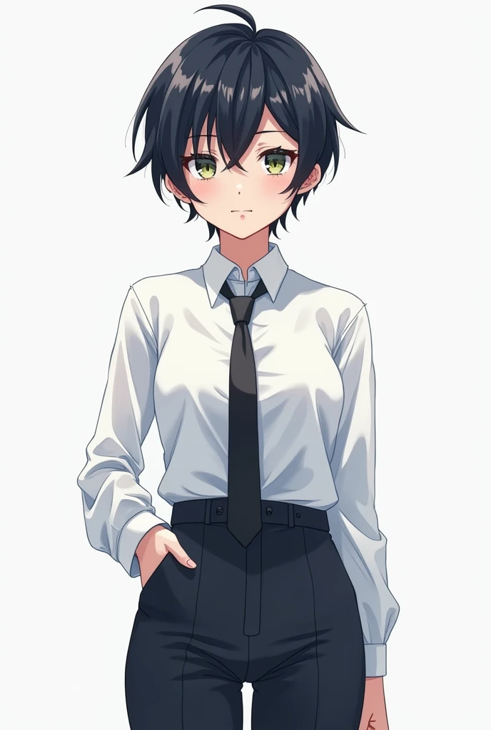 Generate a girl but she is tomboy and corporate uniform and white face  with short hair  anime 