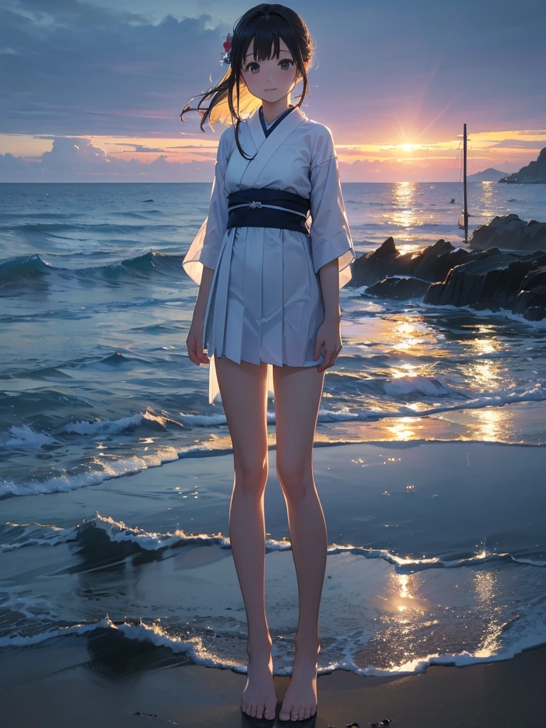 (close:1.4)、(RAW Photos:1.2)、(Realistic:1.4)、(masterpiece:1.3)、(Highest quality:1.4)、Japanese Girls、(Night view:1.2)、Light clothing、cute、Step into the sea、Standing on tiptoes、landscape、Between the horizon and the sea、Side view、Ripples spreading from the toes、Standing about 20 meters away、On the Sea、The whole scene is Shiny O&#39;s、illumination、