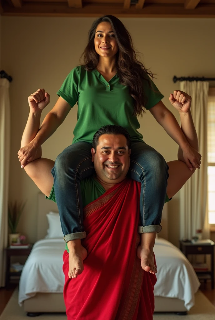 Beautiful and Slim Indian woman Aishwarya Rai in green blouse red saree lifting a large chubby fat man above her shoulders, man is sitting on woman's shoulders, in a bedroom with high ceiling, natural smile,  woman is looking into the camera , full body image 