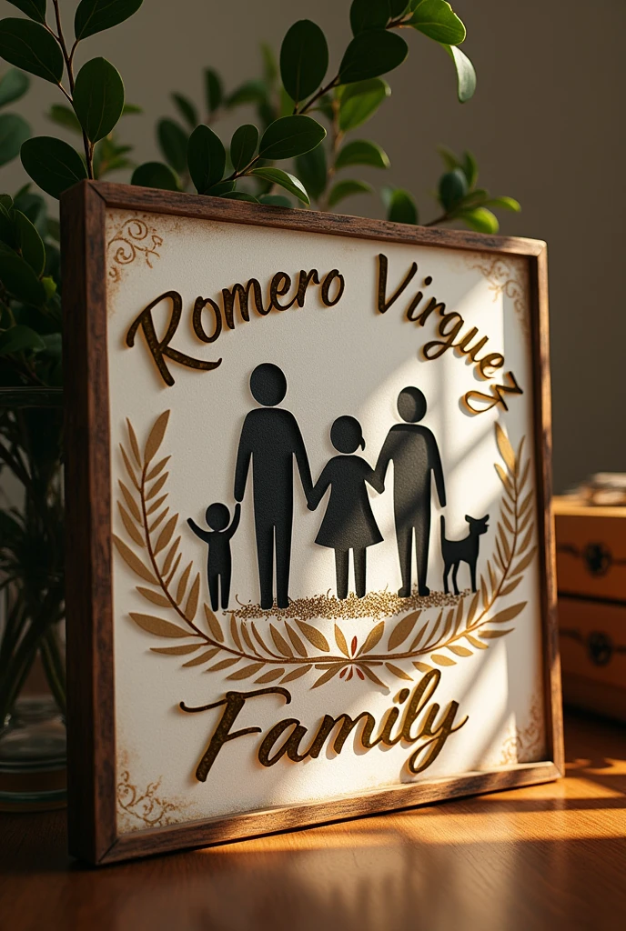 Make a sign that says : Romero Virguez family, in gold with cursive lettering and a drawing of a family, baby silhouette, , mother, dad and dog.