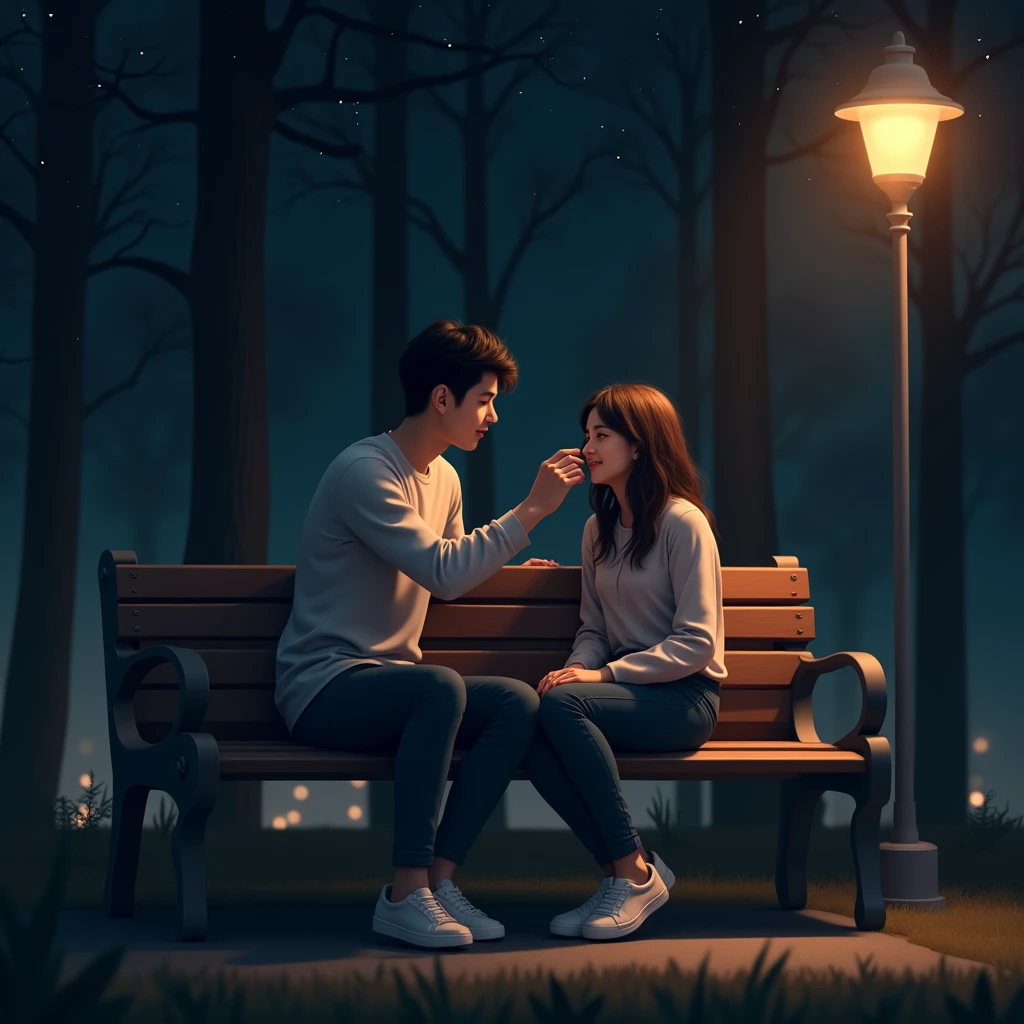 "Photorealistic night scene in a quiet park. A young man and woman sit on a wooden bench under the soft glow of a streetlamp. The man is tenderly running his fingers through the woman’s hair, carefully brushing it aside while gazing at her with a warm smile. The woman sits comfortably, her eyes closed, enjoying the moment. The scene is lit by natural, soft lighting from the streetlamp, casting subtle shadows and giving their faces a soft, golden hue. The park is quiet and calm, with trees standing tall in the background, and the night sky is dark with a few faint stars, enhancing the tranquil and romantic atmosphere."
