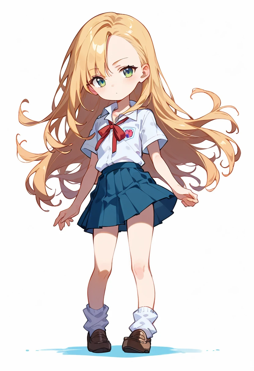 masterpiece, (score_9,score_8_up,score_7_up,score_6_up), 1 girl, green eyes, little sassy, bitch / cockslut / whore, skinny, tsurime, asymmetrical bangs, long hair, (blond hair:1.3), (school uniform), (white collared shirt, plain pattern shirt, short sleeves, shirt tucked in:1), (red plain pattern narrow neck ribbon:1.2), brown loafers, white loose socks ,chibi only,chibi,