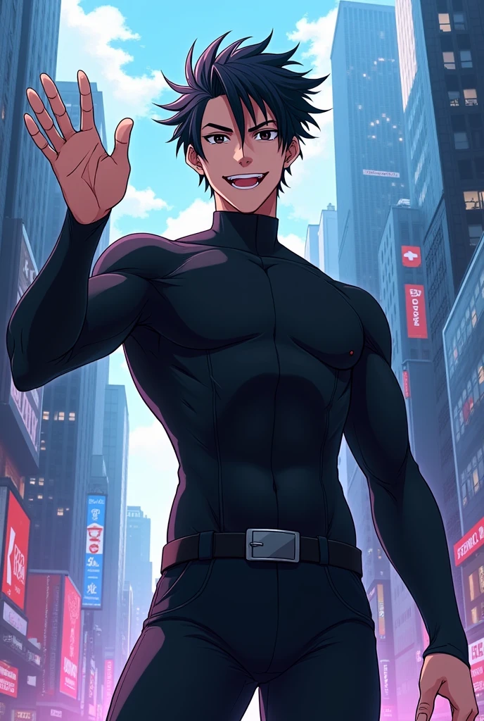 make me an anime character genre: male skin:white hair: black background:city pose:Waving clothes: black