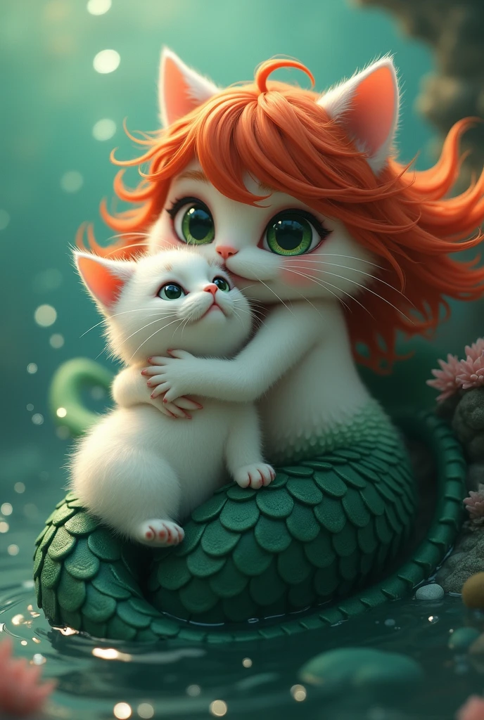 A cute big-eyed white female cat with red hair and a tail. A dark green mermaid is cuddling a young cat who is about to fall into the water.