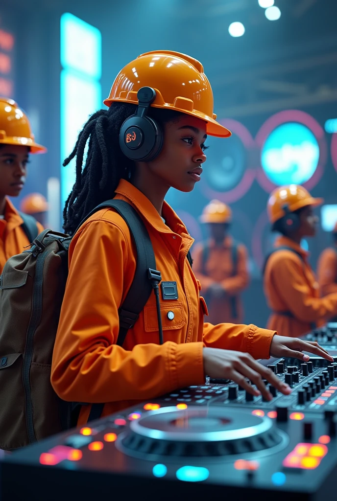 Black engineer girl wearing headphones playing music with virtual dj dispay and large speakers wearing engineering orange costumes, engineering hat and hammer,nails box and engineering operators having dreadlocks, on dj display Cover should be written largely "DJ MINNIE NUGGET" having iphone 15 pro max