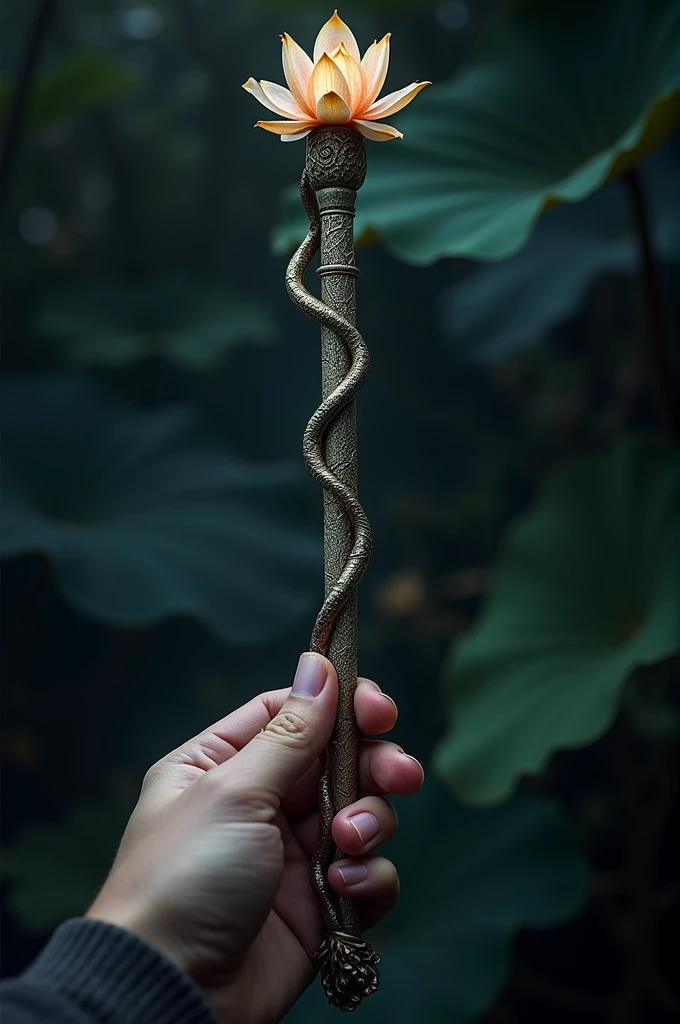 A magic wand with snakeskin texture and lotus flower details